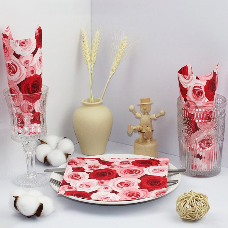 20 Pcs Paper Beverage Napkins 2 Ply Red/Pink with Floral Design 6.5"x6.5" - YauSpark