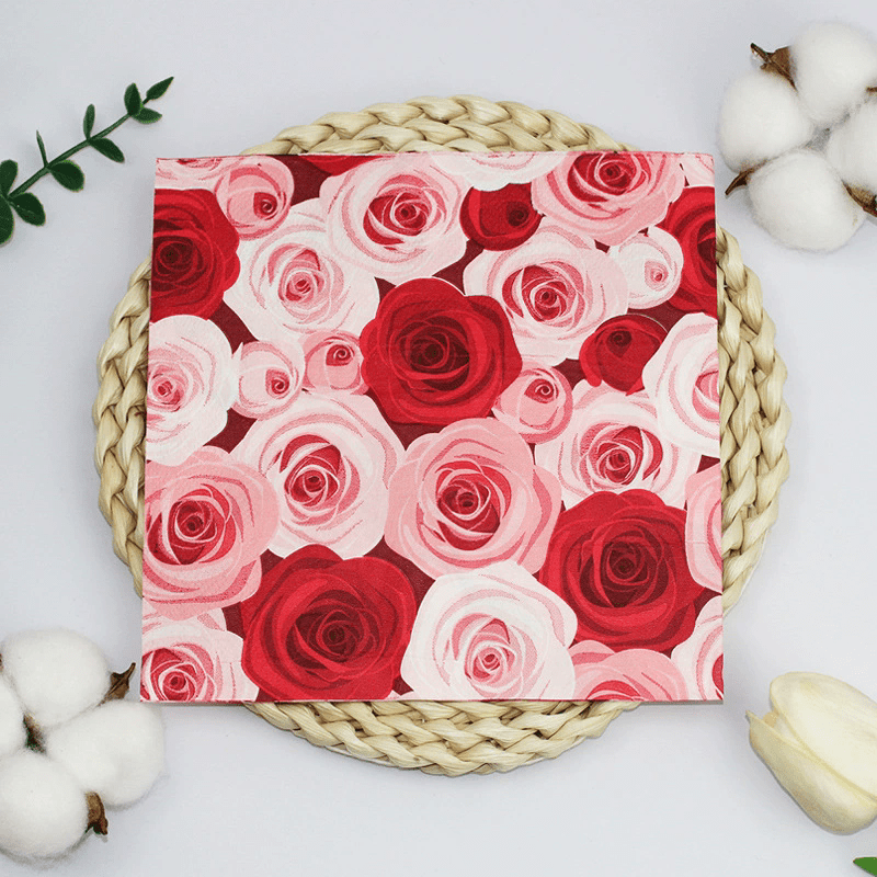 20 Pcs Paper Beverage Napkins 2 Ply Red/Pink with Floral Design 6.5"x6.5" - YauSpark