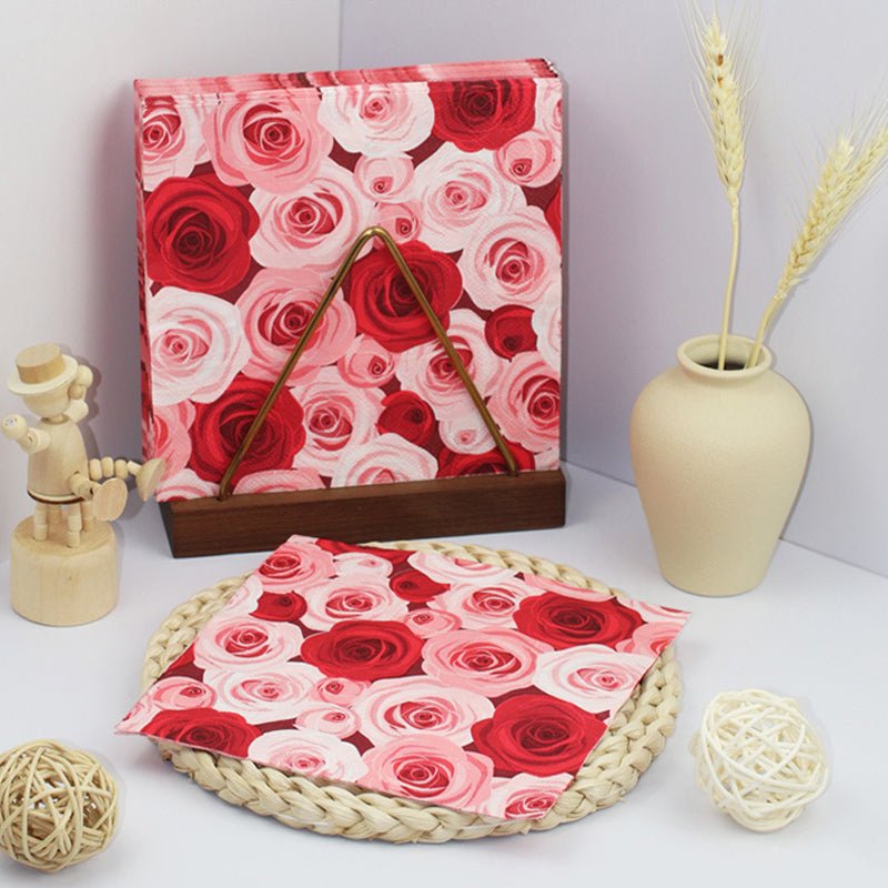 20 Pcs Paper Beverage Napkins 2 Ply Red/Pink with Floral Design 6.5"x6.5" - YauSpark
