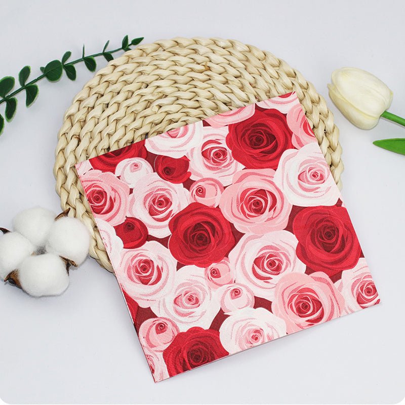 20 Pcs Paper Beverage Napkins 2 Ply Red/Pink with Floral Design 6.5"x6.5" - YauSpark