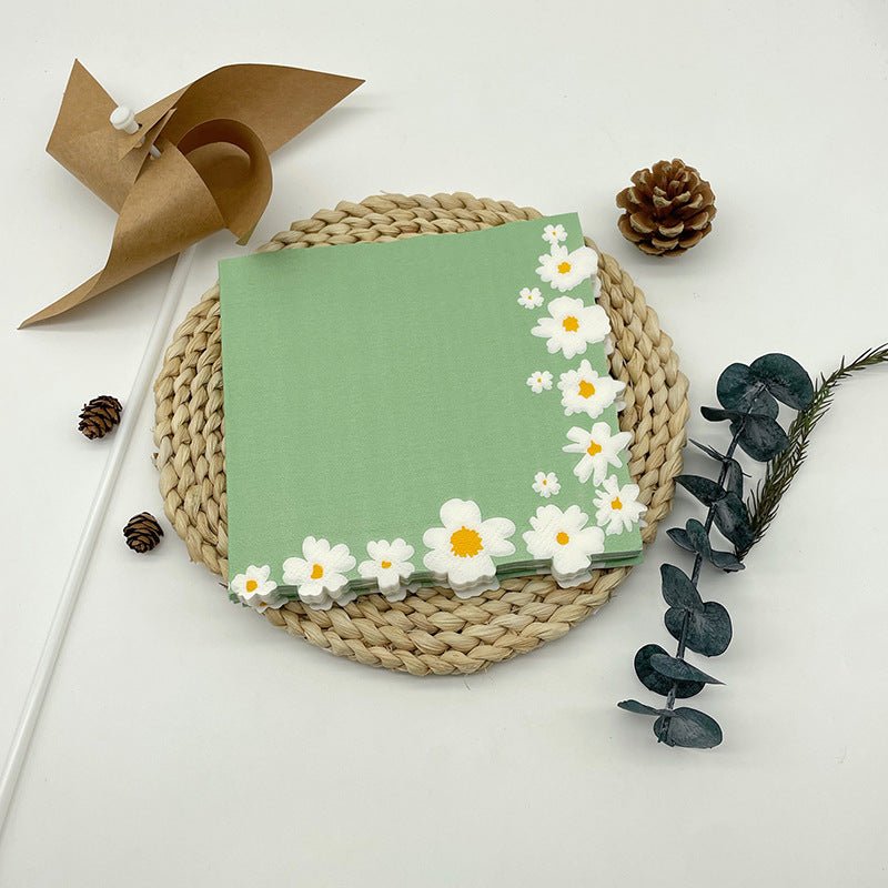 20 Pcs Paper Beverage Napkins 2 Ply Sage Green with Daisy Flower Design 6.5"x6.5" - YauSpark