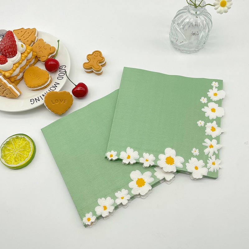 20 Pcs Paper Beverage Napkins 2 Ply Sage Green with Daisy Flower Design 6.5"x6.5" - YauSpark
