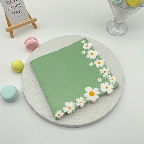 20 Pcs Paper Beverage Napkins 2 Ply Sage Green with Daisy Flower Design 6.5"x6.5" - YauSpark
