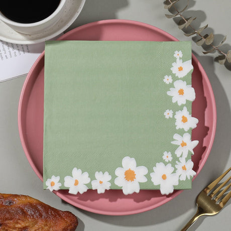 20 Pcs Paper Beverage Napkins 2 Ply Sage Green with Daisy Flower Design 6.5"x6.5" - YauSpark