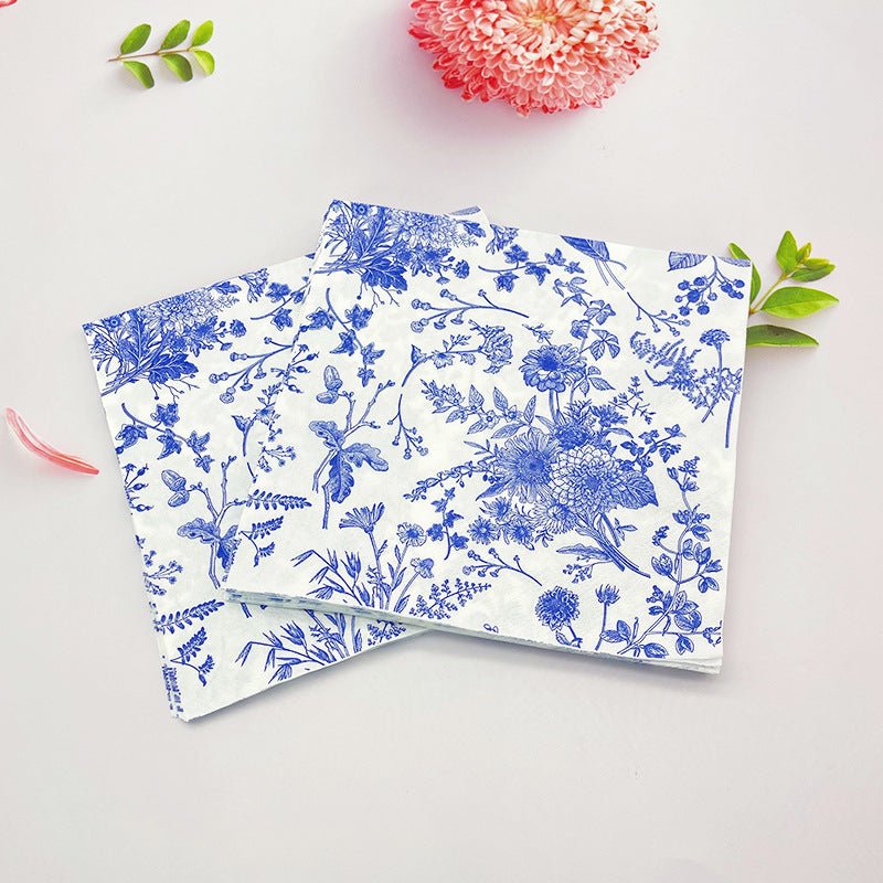 20 Pcs Paper Beverage Napkins 2 Ply White/Blue with French Toile Print 6.5"x6.5" - YauSpark