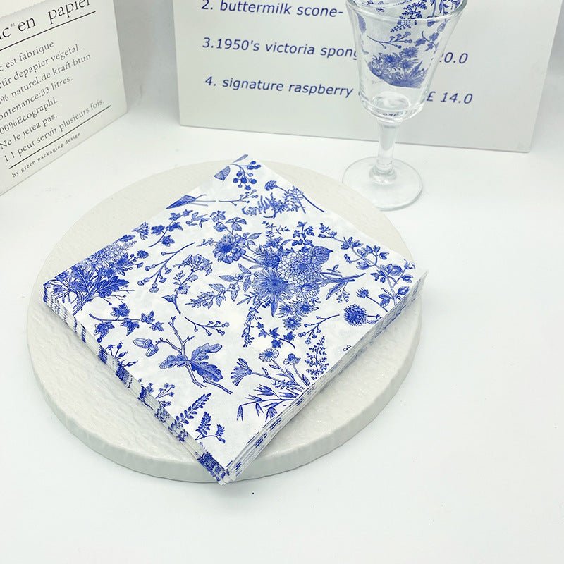 20 Pcs Paper Beverage Napkins 2 Ply White/Blue with French Toile Print 6.5"x6.5" - YauSpark