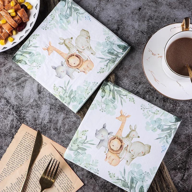 20 Pcs Paper Beverage Napkins 2 Ply with Safari Animal Print 6.5"x6.5" - YauSpark