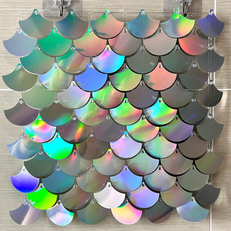 24 Panels Mermaid Scales Sequin Shimmer Wall Photo Backdrop Panels - 24sq.ft Iridescent Silver - YauSpark
