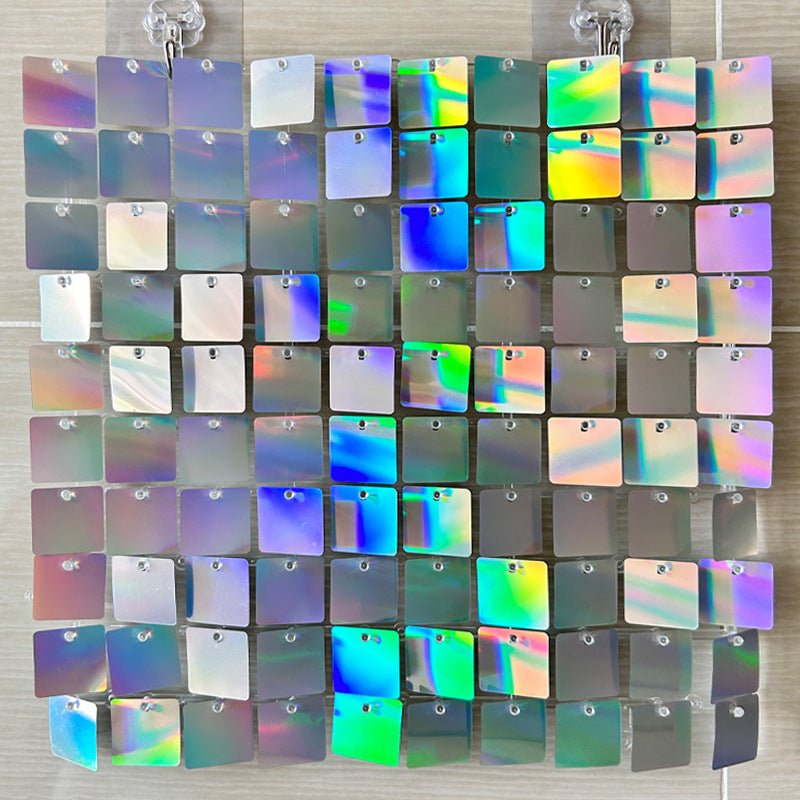 24 Panels Square Sequin Shimmer Wall Photo Backdrop Panels - 24sq.ft Iridescent Silver - YauSpark