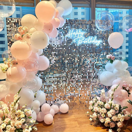 24 Panels Square Sequin Shimmer Wall Photo Backdrop Panels - 24sq.ft Silver - YauSpark