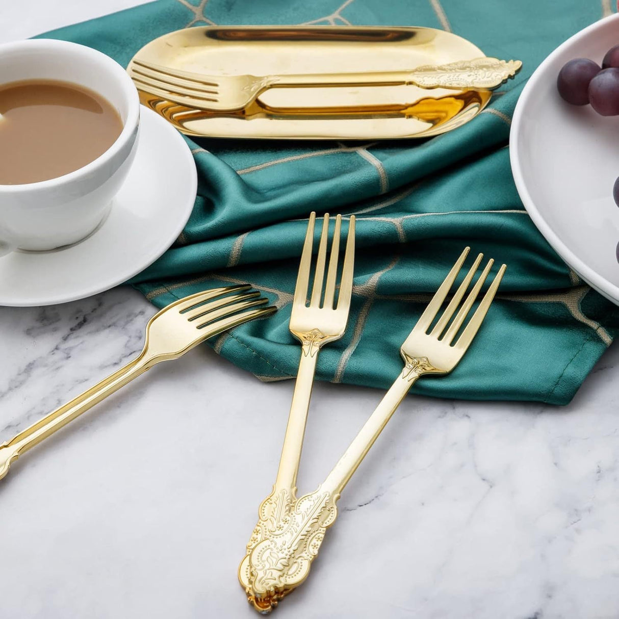 24 Pc Plastic Forks 8" Metallic Gold Baroque Style - YauSpark