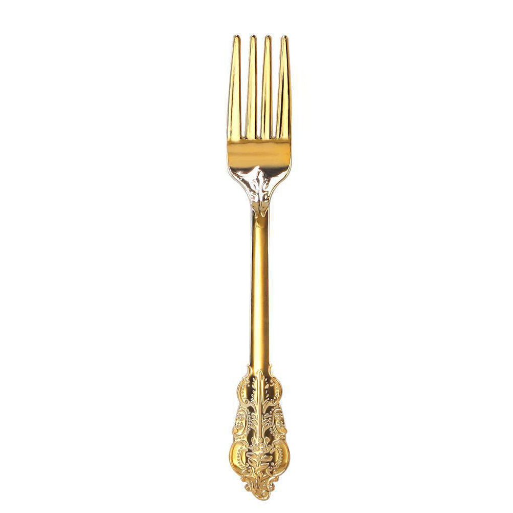 24 Pc Plastic Forks 8" Metallic Gold Baroque Style - YauSpark