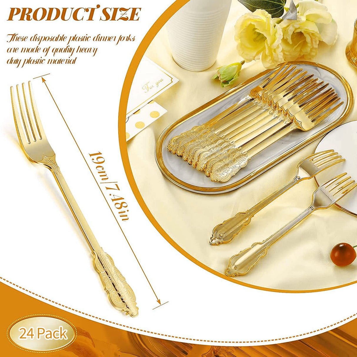 24 Pc Plastic Forks 8" Metallic Gold Baroque Style - YauSpark