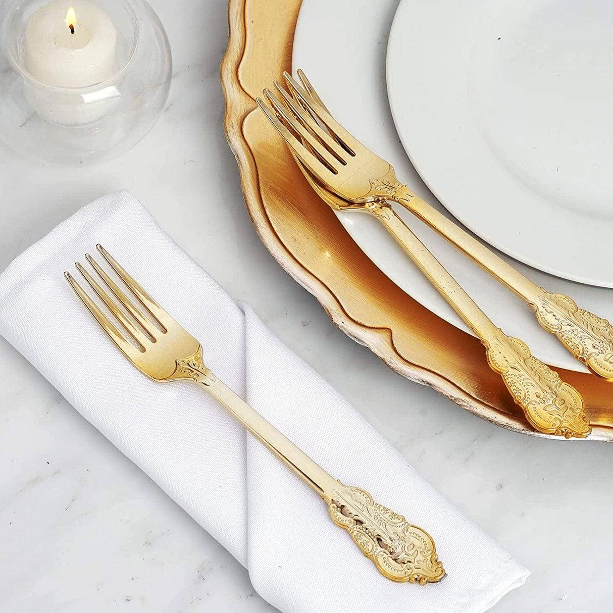 24 Pc Plastic Forks 8" Metallic Gold Baroque Style - YauSpark
