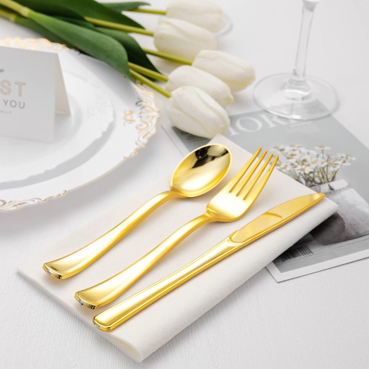 24 Pc Plastic Utensil Set 7",8" Metallic Gold - YauSpark