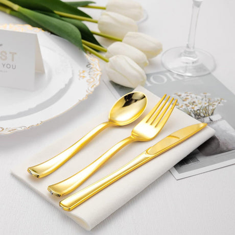 24 Pc Plastic Utensil Set 7",8" Metallic Gold - YauSpark