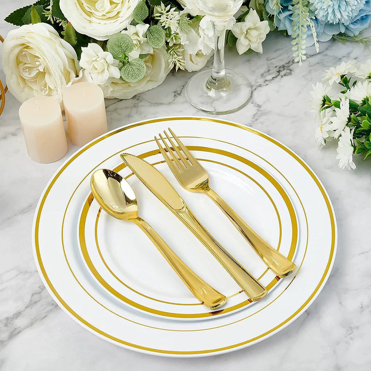 24 Pc Plastic Utensil Set 7",8" Metallic Gold - YauSpark