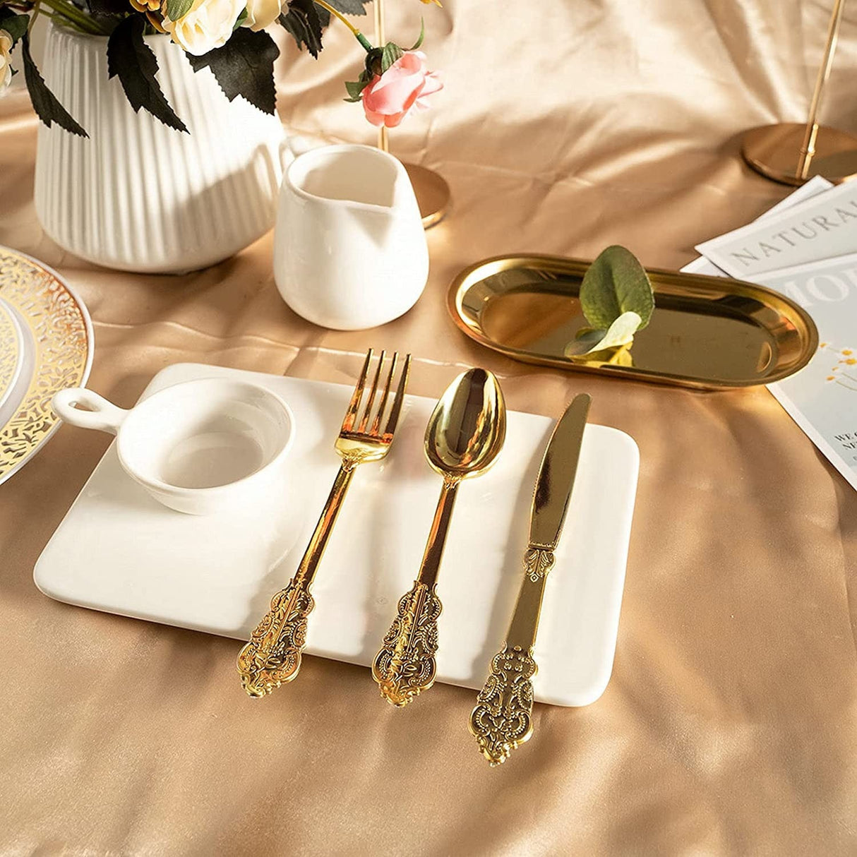 24 Pcs Plastic Silverware Set Metallic Gold in Baroque Style - YauSpark