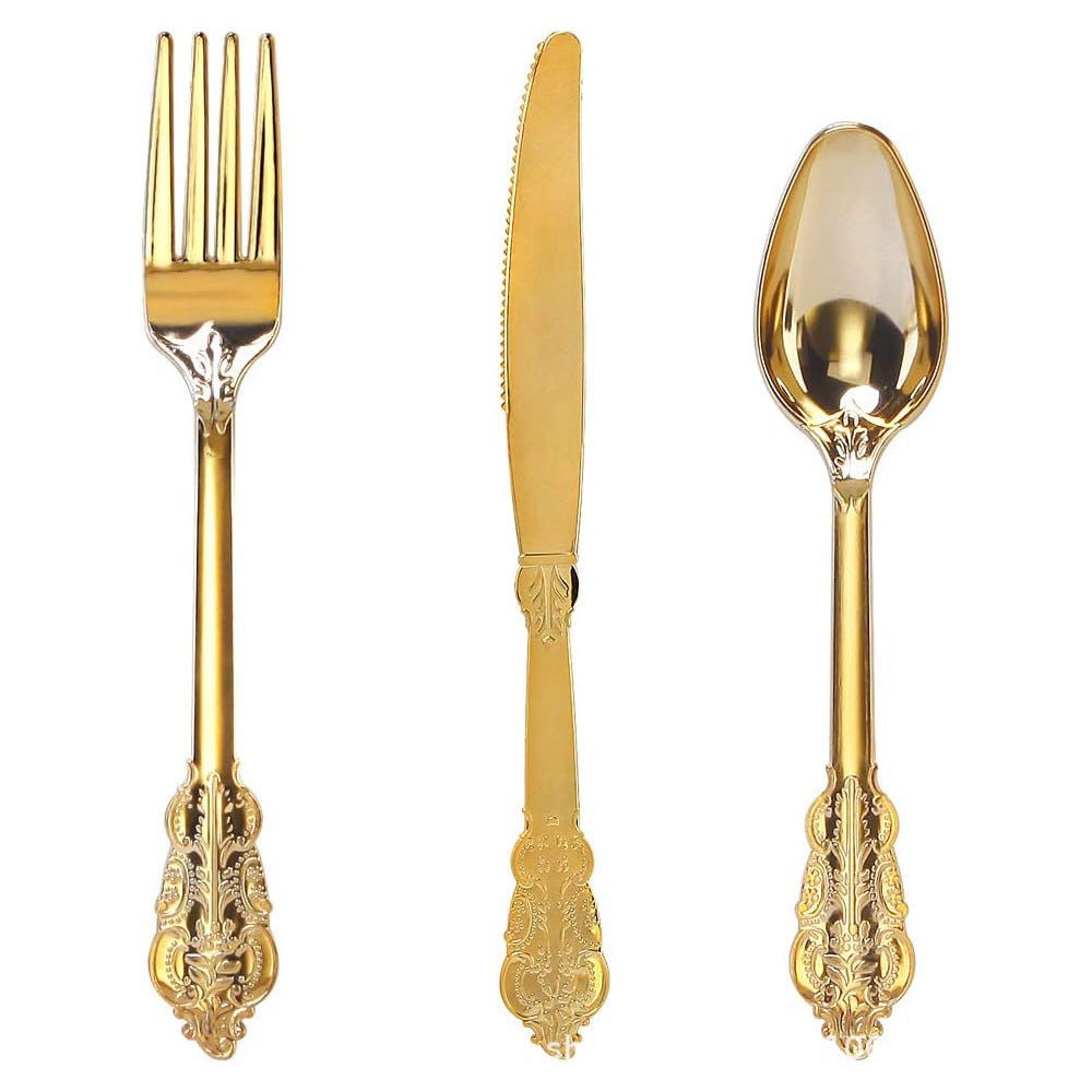 24 Pcs Plastic Silverware Set Metallic Gold in Baroque Style - YauSpark