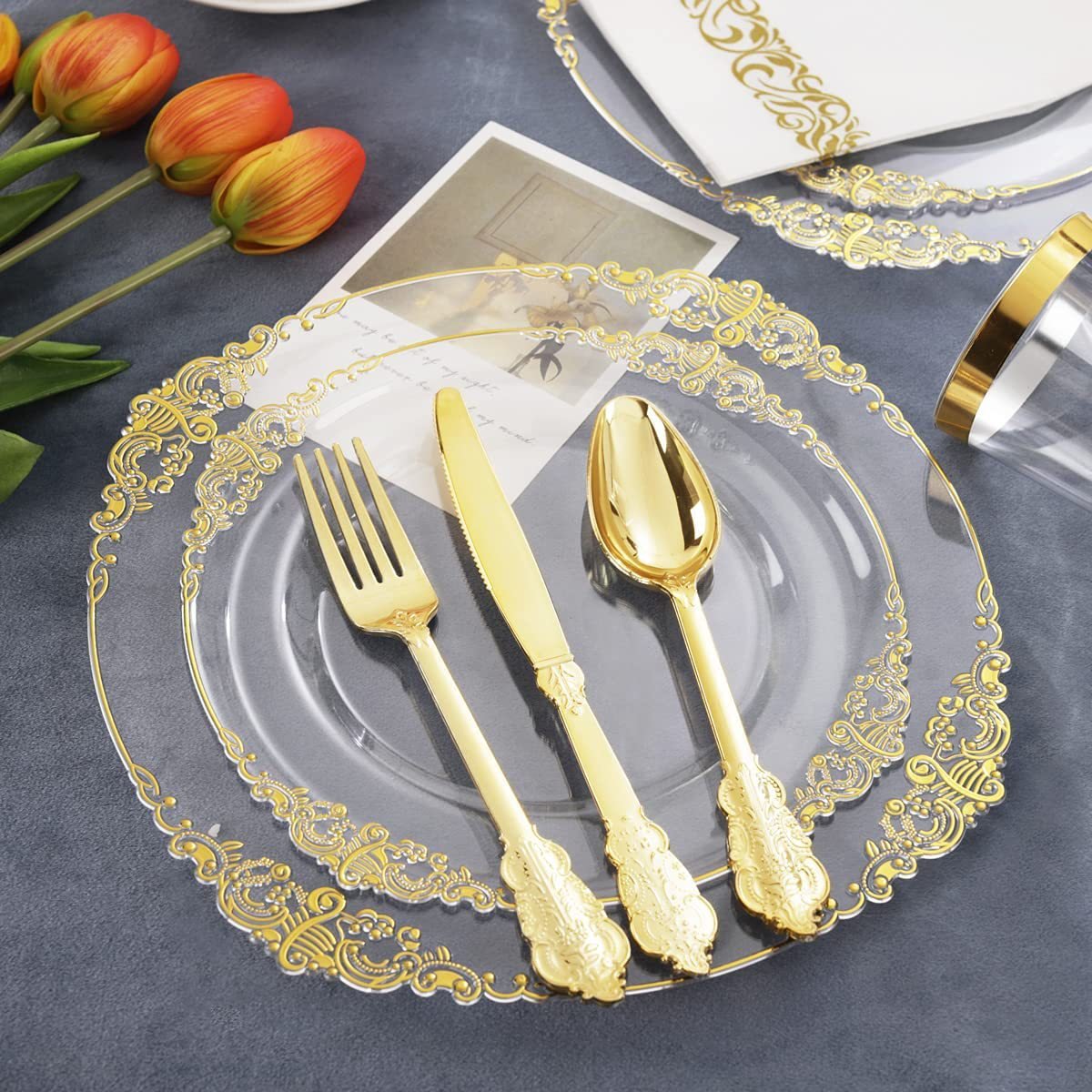 24 Pcs Plastic Silverware Set Metallic Gold in Baroque Style - YauSpark