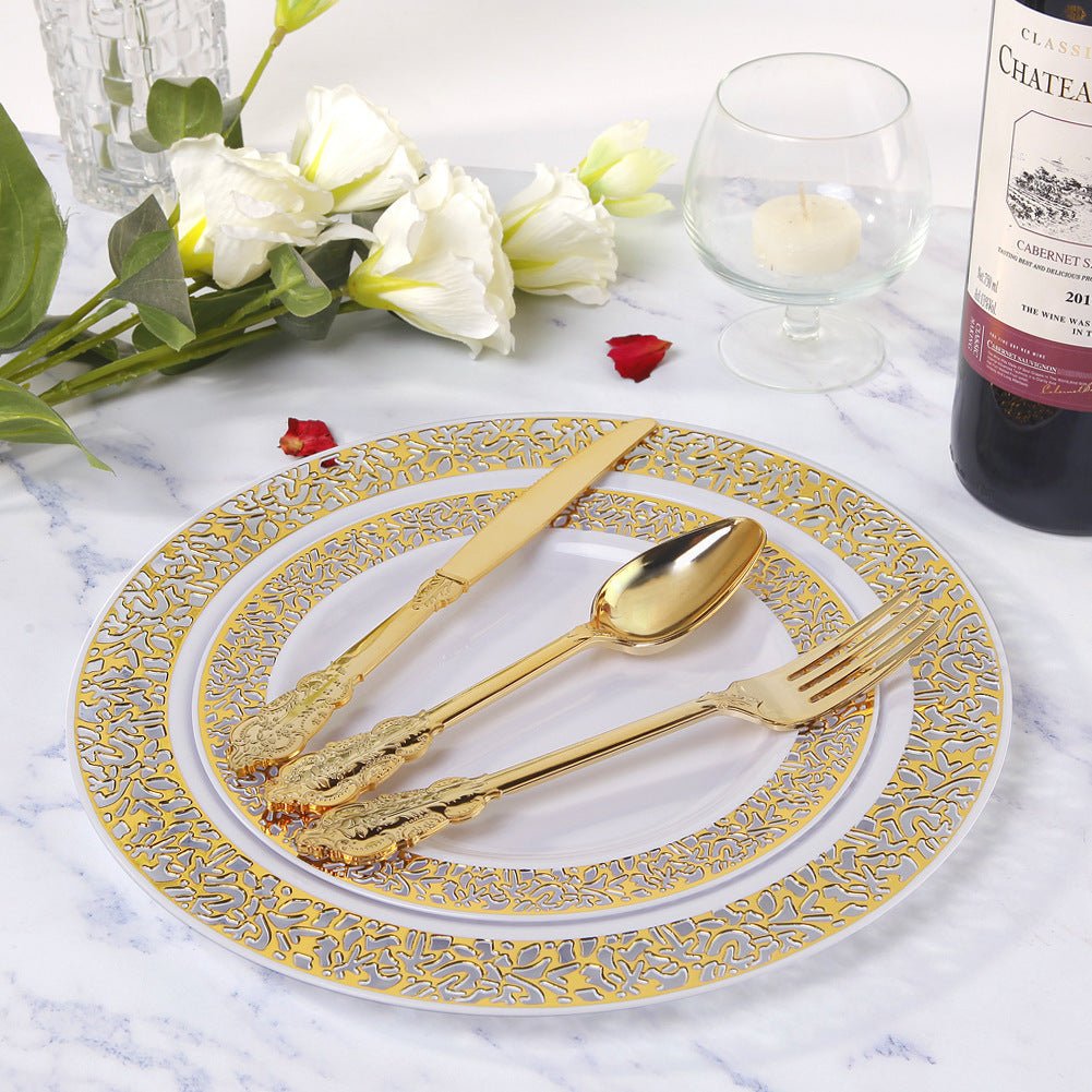 24 Pcs Plastic Silverware Set Metallic Gold in Baroque Style - YauSpark