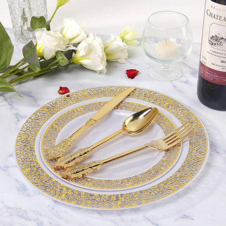 24 Pcs Plastic Silverware Set Metallic Gold in Baroque Style - YauSpark