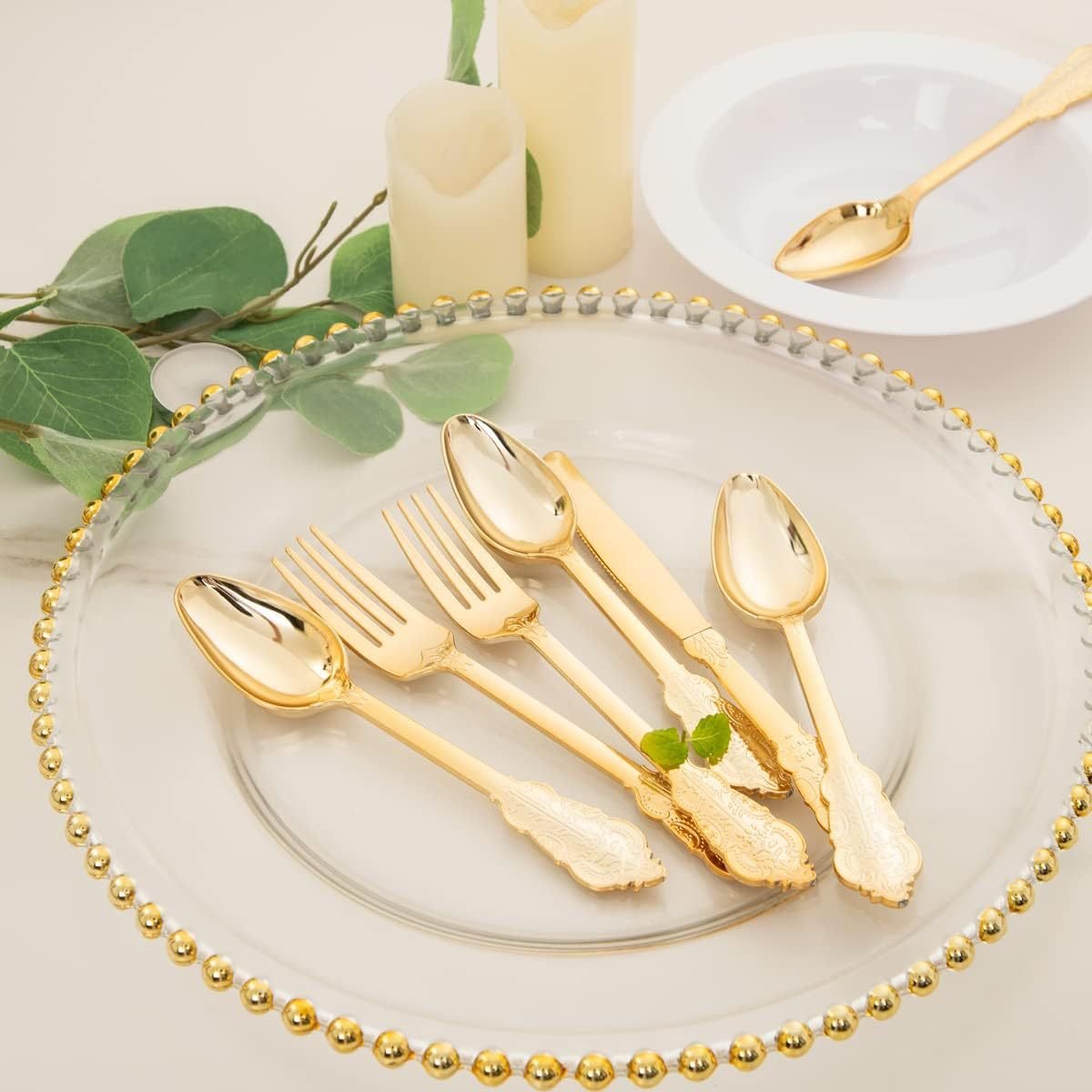24 Pcs Plastic Silverware Set Metallic Gold in Baroque Style - YauSpark