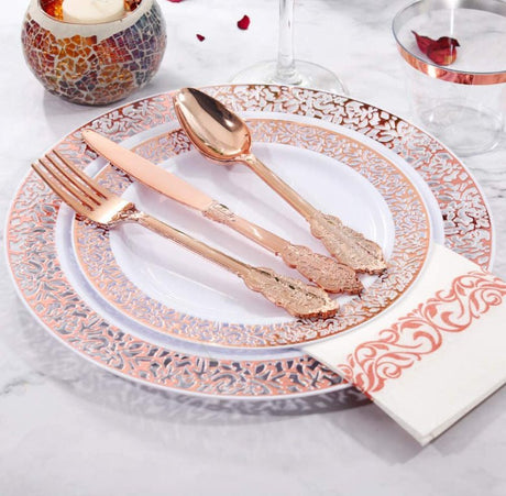 24 Pcs Plastic Silverware Set Metallic Rose Gold in Baroque Style - YauSpark