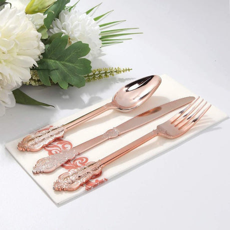 24 Pcs Plastic Silverware Set Metallic Rose Gold in Baroque Style - YauSpark