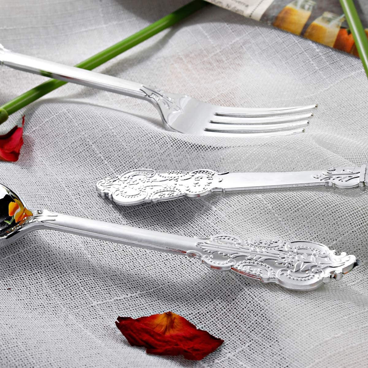 24 Pcs Plastic Silverware Set Metallic Silver in Baroque Style - YauSpark