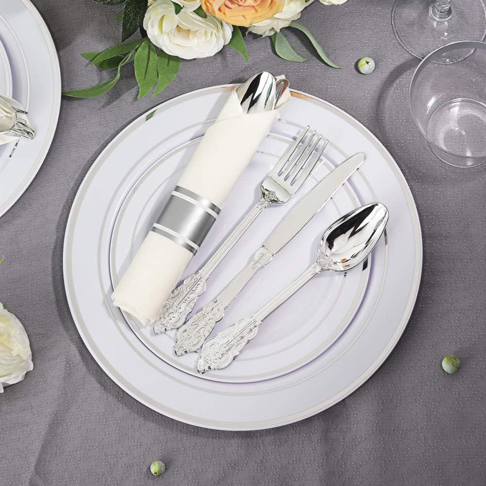 24 Pcs Plastic Silverware Set Metallic Silver in Baroque Style - YauSpark