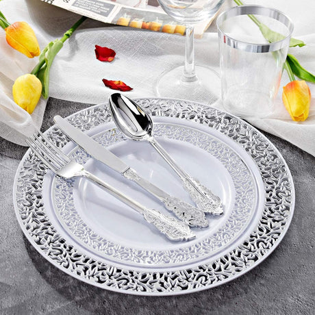 24 Pcs Plastic Silverware Set Metallic Silver in Baroque Style - YauSpark