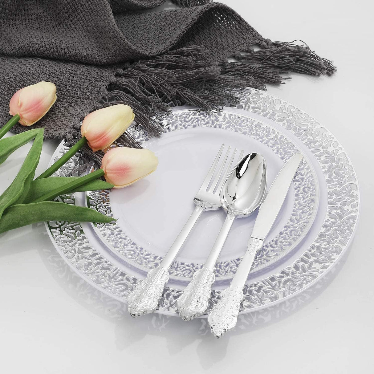 24 Pcs Plastic Silverware Set Metallic Silver in Baroque Style - YauSpark
