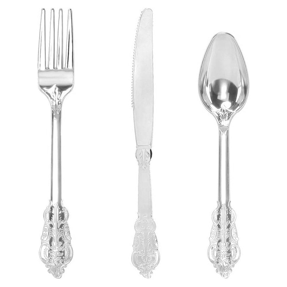 24 Pcs Plastic Silverware Set Metallic Silver in Baroque Style - YauSpark