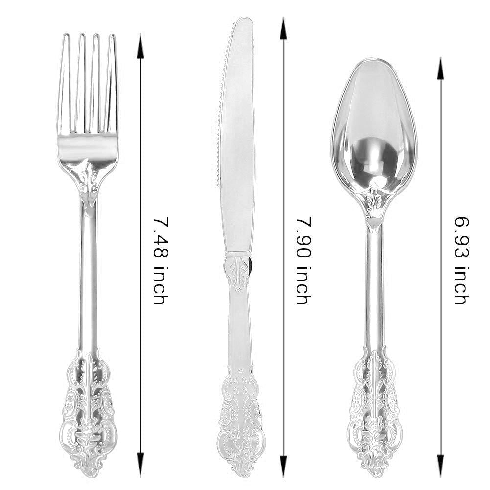 24 Pcs Plastic Silverware Set Metallic Silver in Baroque Style - YauSpark