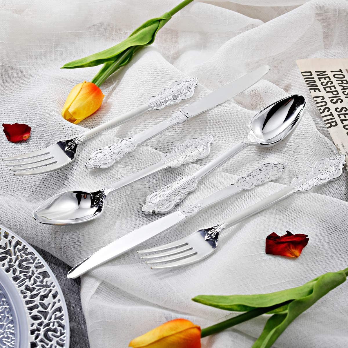 24 Pcs Plastic Silverware Set Metallic Silver in Baroque Style - YauSpark