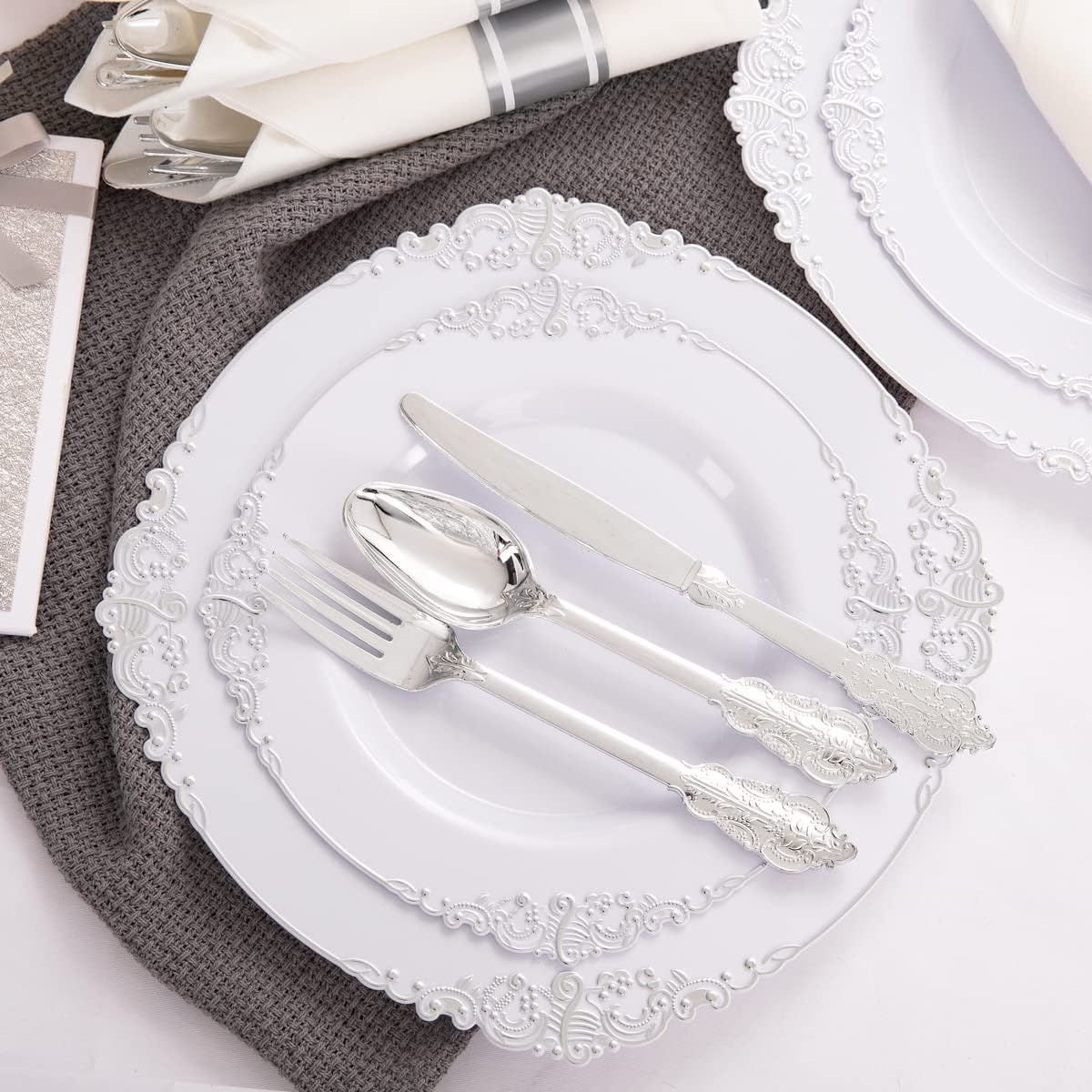 24 Pcs Plastic Silverware Set Metallic Silver in Baroque Style - YauSpark