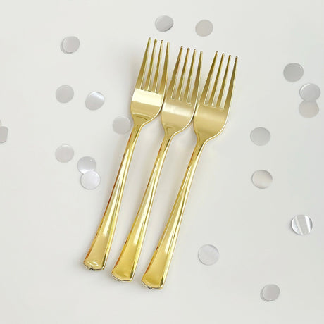 25 Pc Plastic Forks 7" Metallic Gold Classic Heavy Duty - YauSpark