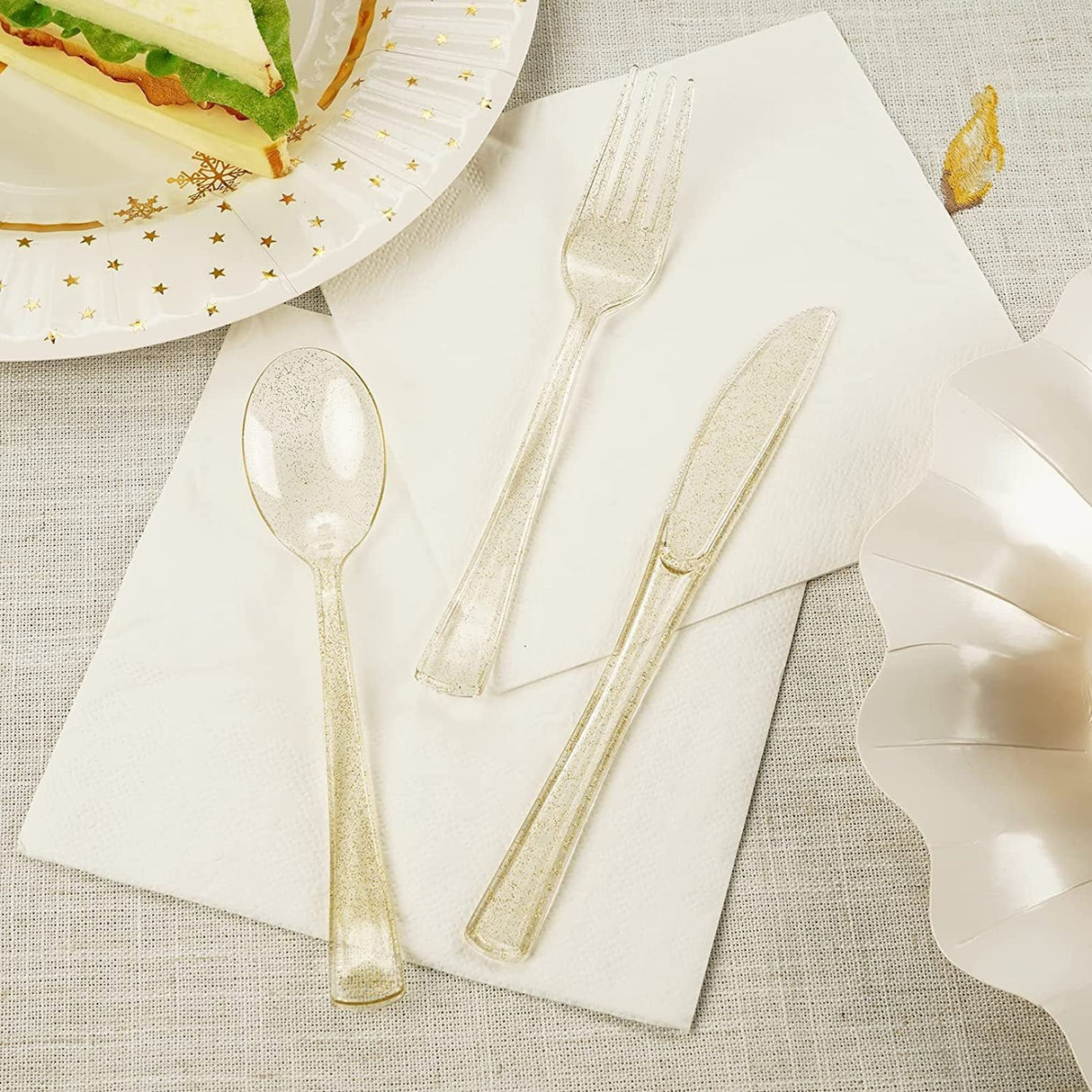 25 Pc Plastic Spoons 7" Transparent Gold Glitter Classic Heavy Duty - YauSpark