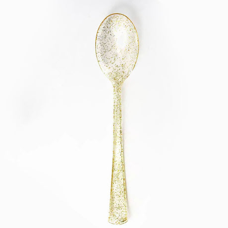 25 Pc Plastic Spoons 7" Transparent Gold Glitter Classic Heavy Duty - YauSpark