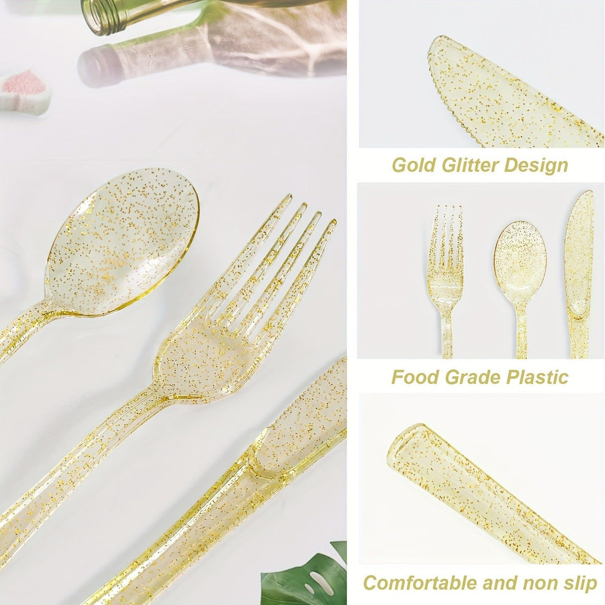 25 Pc Plastic Spoons 7" Transparent Gold Glitter Classic Heavy Duty - YauSpark