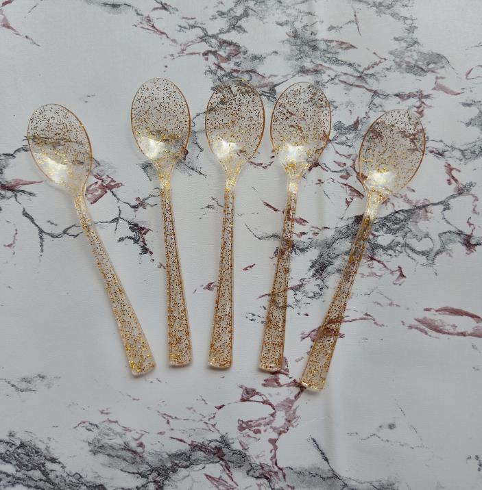 25 Pc Plastic Spoons 7" Transparent Gold Glitter Classic Heavy Duty - YauSpark