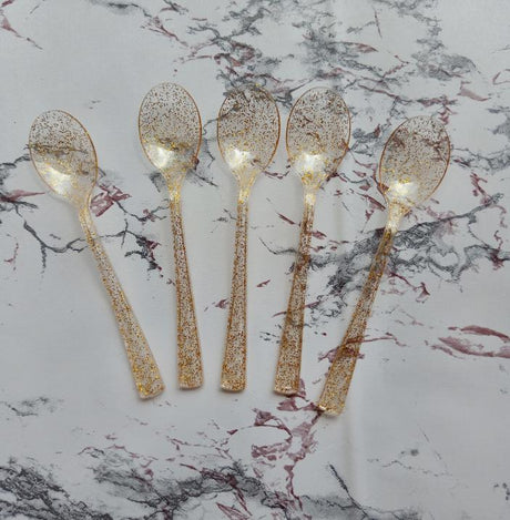 25 Pc Plastic Spoons 7" Transparent Gold Glitter Classic Heavy Duty - YauSpark