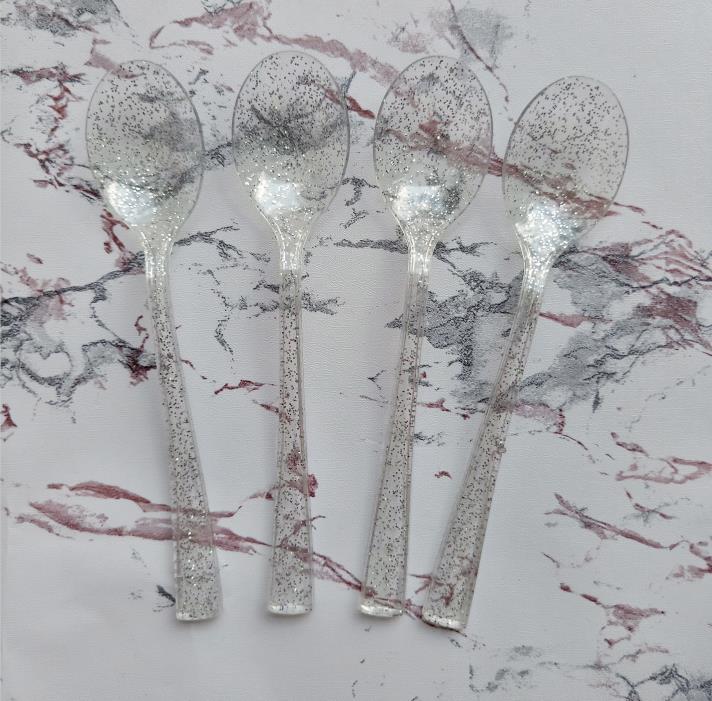 25 Pc Plastic Spoons 7" Transparent Silver Glitter Classic Heavy Duty - YauSpark