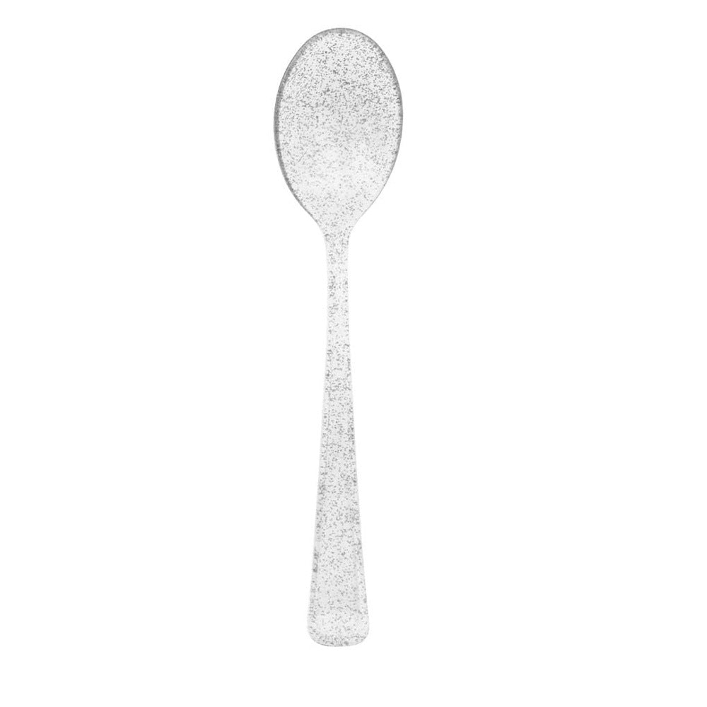 25 Pc Plastic Spoons 7" Transparent Silver Glitter Classic Heavy Duty - YauSpark