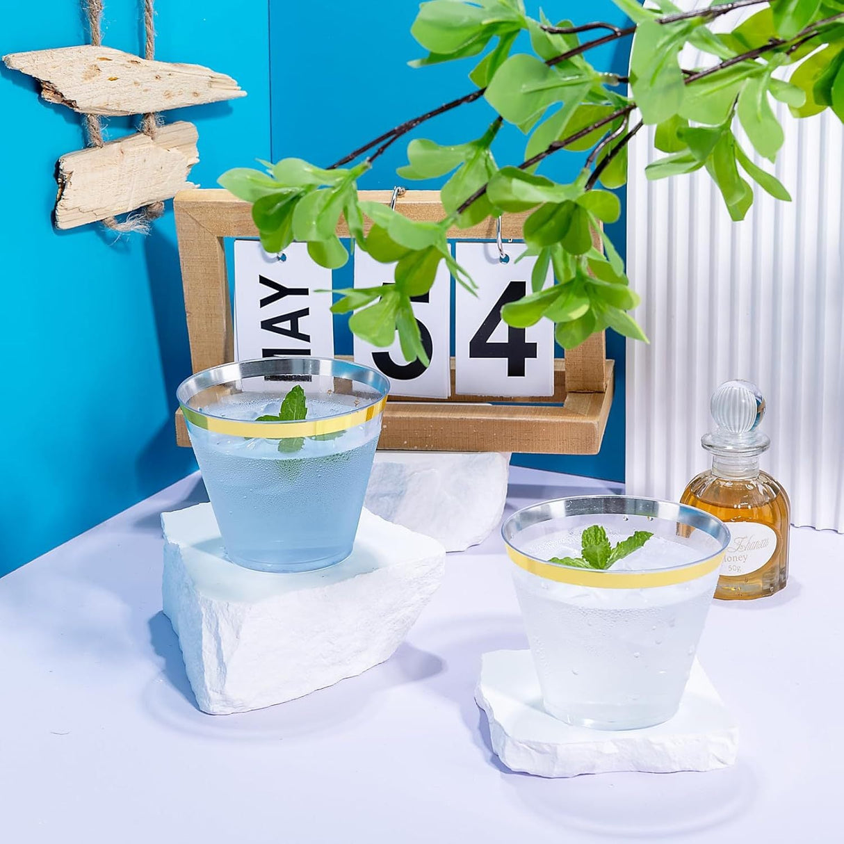 25 Pcs Plastic Party Cups 9oz Clear Crystal with Gold Rim - YauSpark