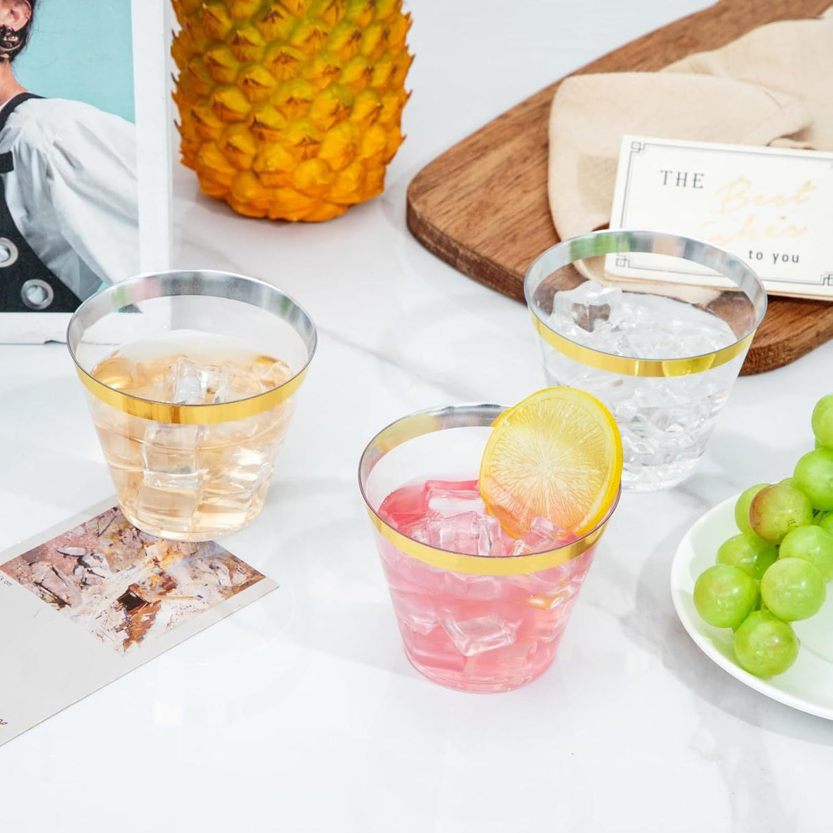 25 Pcs Plastic Party Cups 9oz Clear Crystal with Gold Rim - YauSpark