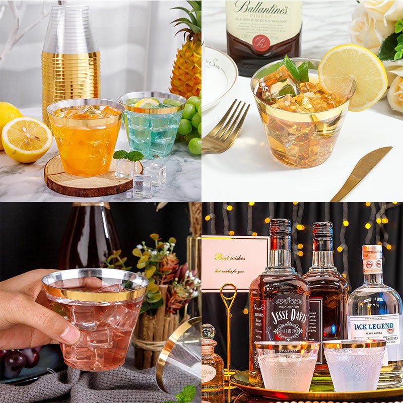 25 Pcs Plastic Party Cups 9oz Clear Crystal with Gold Rim - YauSpark