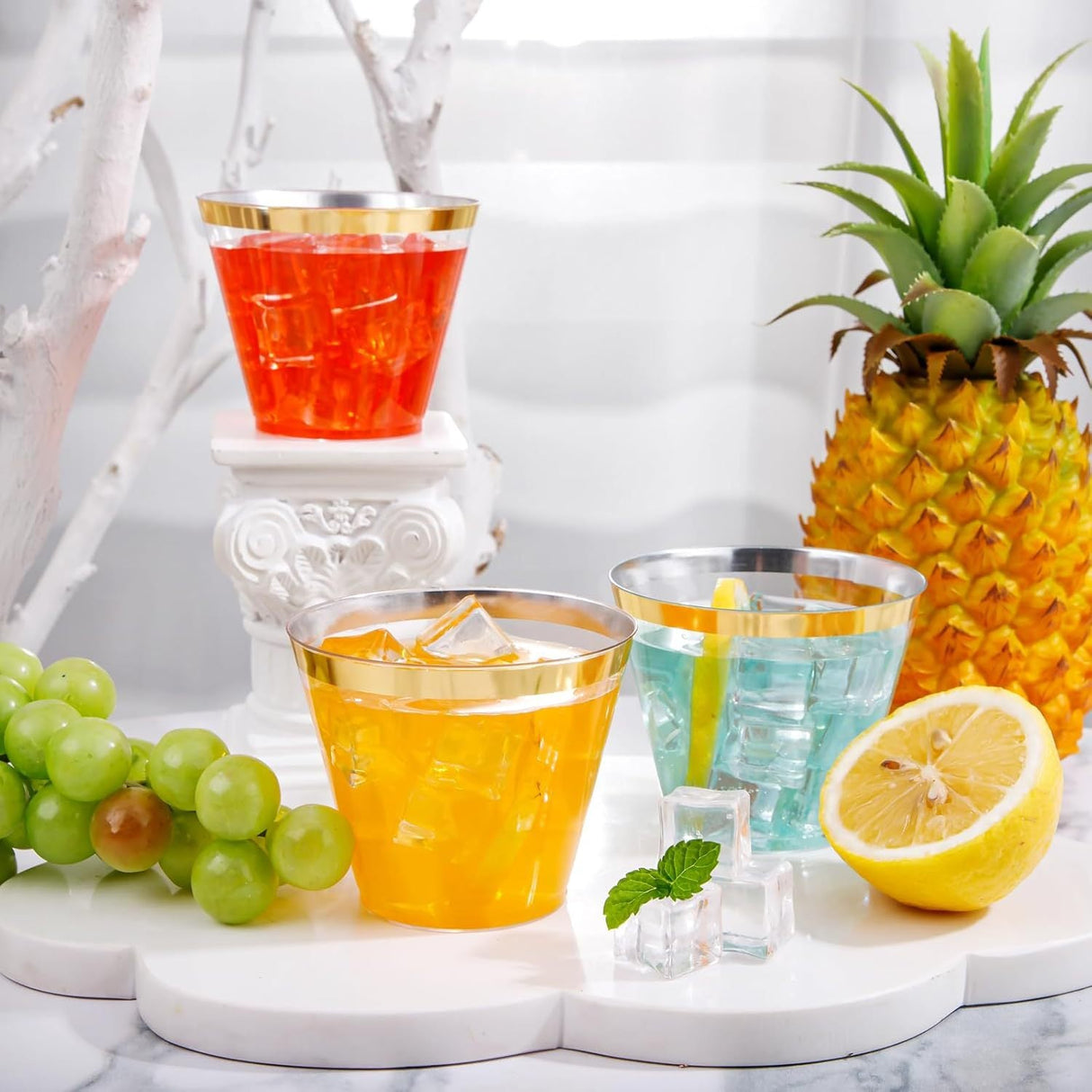 25 Pcs Plastic Party Cups 9oz Clear Crystal with Gold Rim - YauSpark