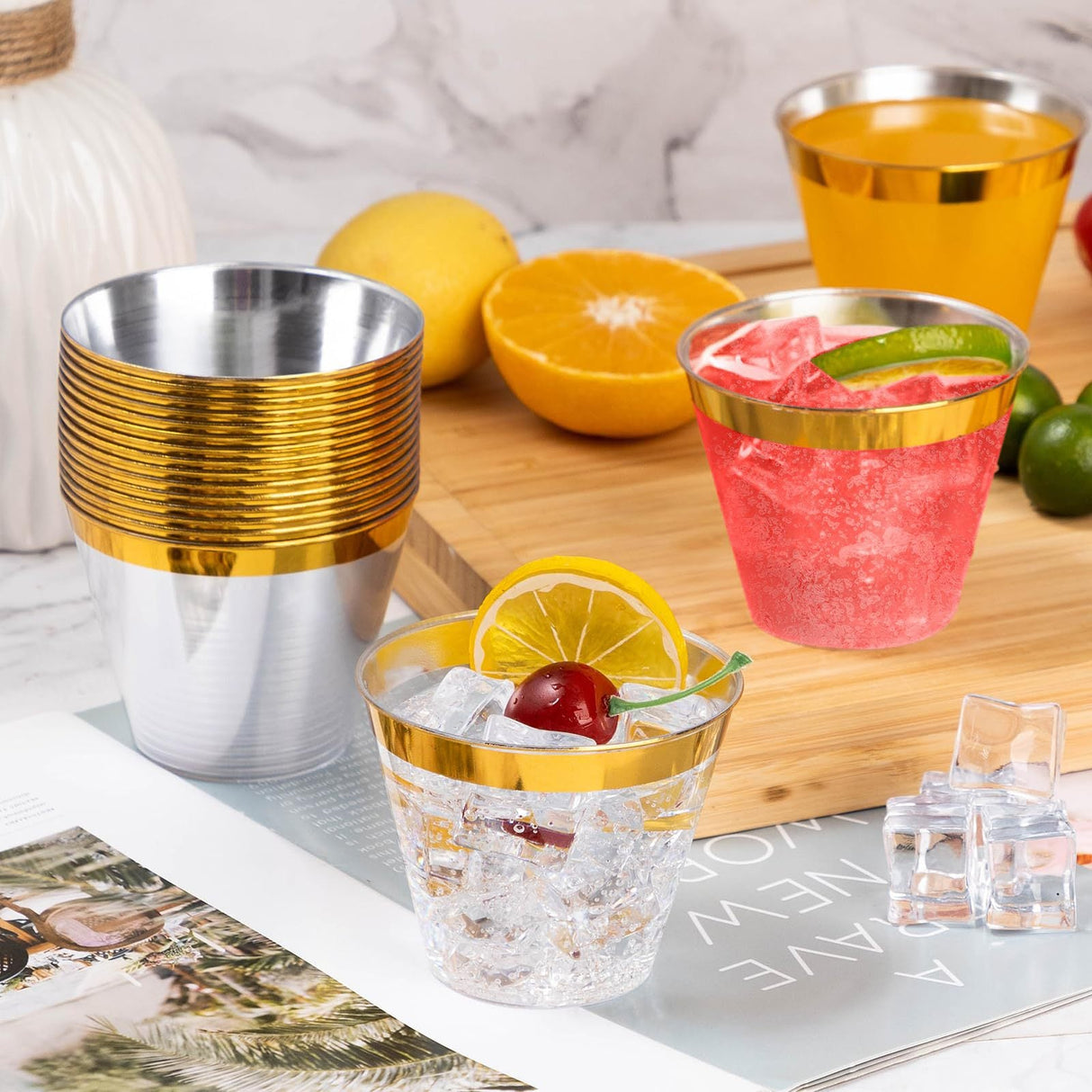 25 Pcs Plastic Party Cups 9oz Clear Crystal with Gold Rim - YauSpark